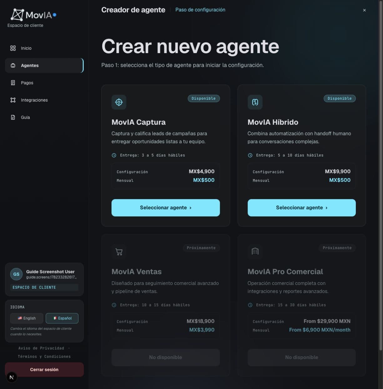 Selección del agente MovIA