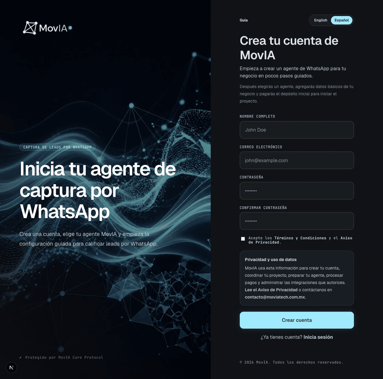 Pantalla para crear cuenta