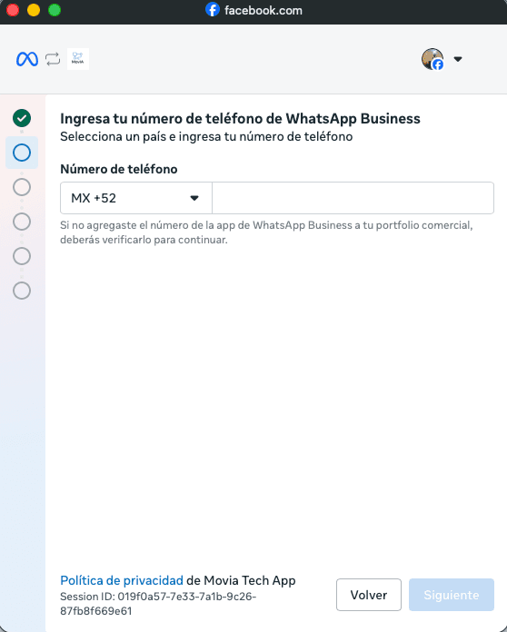 Ingreso del número de WhatsApp